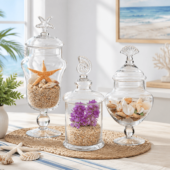 Set of 3 Clear Glass Storage Jars with Beach-Themed Handles and Seashell Lids