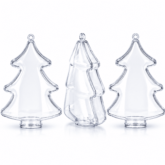 Set of 3 Clear Plastic Christmas Tree Shape Ornaments 4.35 Inches