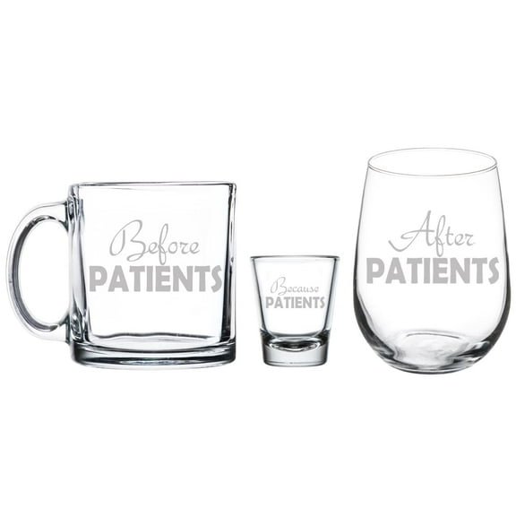 Set of 3 Coffee Wine and Shot Glass Gift Set, Before Patients, After Patients, Because Patients Gift Funny for Nurse Doctor Physician Dentist