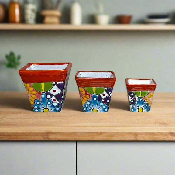 Square Talavera Planter Set | Colorful Mexican Mini Pots (Set of 3)
