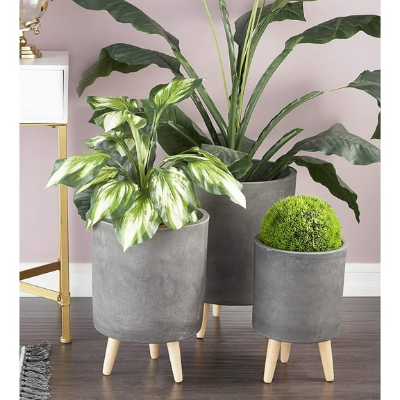 Set of 3 Contemporary Grey Fiber Clay Cylindrical Planter Pots With Wooden Feet