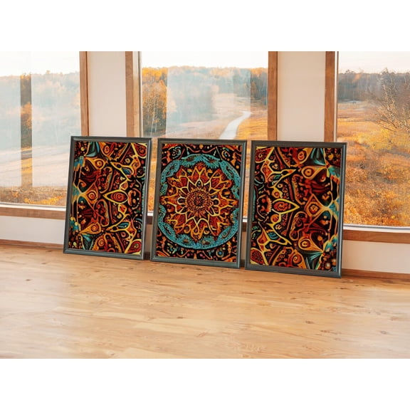 Set of 3 Contemporary Ornamental Wall Art, Modern Mandala Triptych Prints, Ornate Geometric Decor, Vibrant Gallery Set, Poster Only