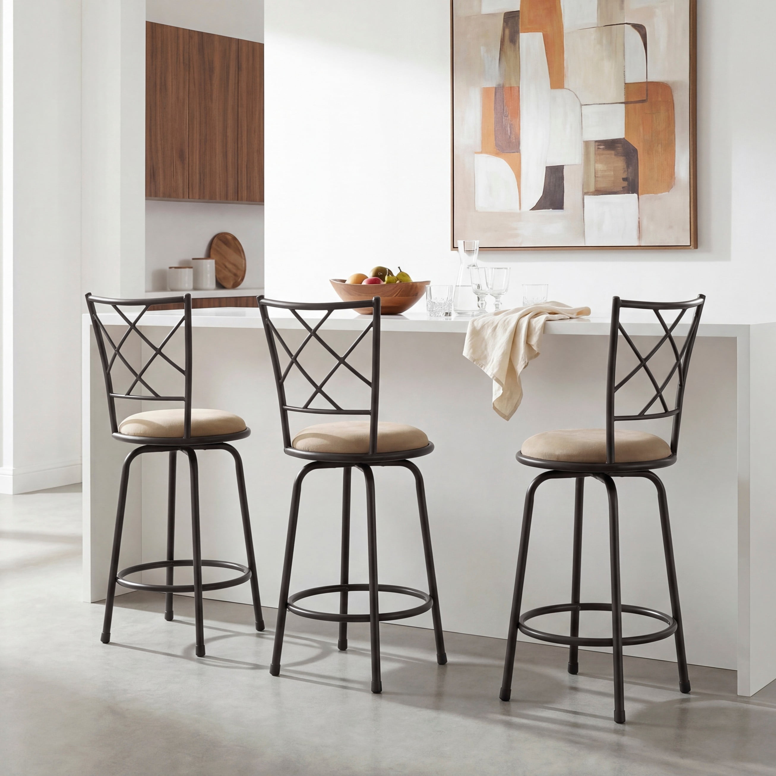 Set of 3 Convertible Chairs Swivel Counter Height, Pub Height Bar Stools Plush Rotating Seats Iron Frame Dark Brown Traditional Dining Furniture