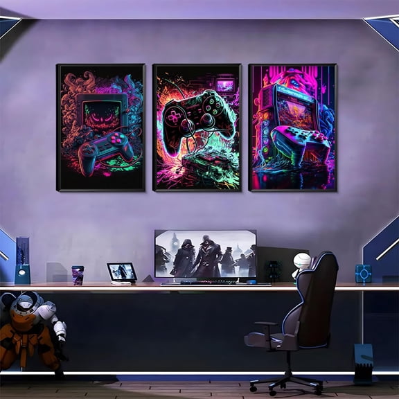Set of 3 Cool Gaming Poster Wall Art Video Gamepad Graffiti Prints Gamer Decor for Boys Room, Poster Only