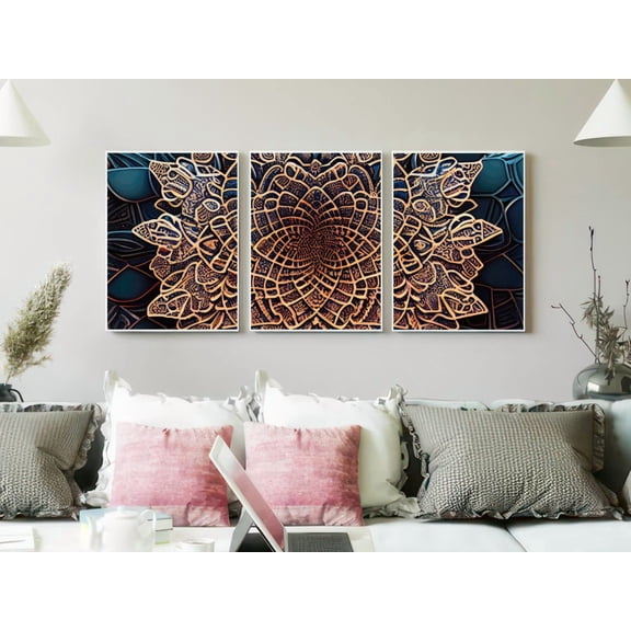 Set of 3 Copper & Navy Mandala Wall Art, Carved Calligraphic Triptych, Ancient Script Decor, Textured Spiritual Gallery Set, Poster Only