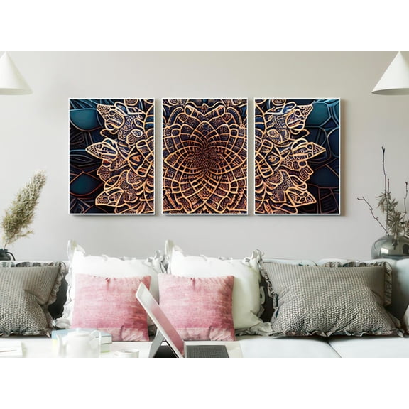 Set of 3 Copper & Navy Mandala Wall Art, Carved Calligraphic Triptych, Ancient Script Decor, Textured Spiritual Gallery Set, Stretched Canvas
