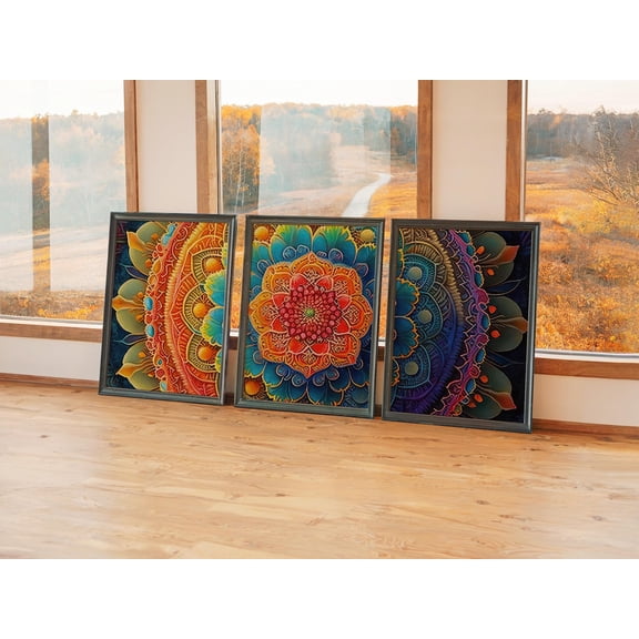 Set of 3 Coral & Blue Wall Art, Vibrant Mandala Triptych Prints, Warm Gold Decor, Colorful Geometric Gallery Set, Stretched Canvas