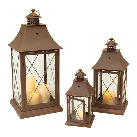 Set of 3 Cottage- Brown Pillar Candle Holder Lanterns 24"