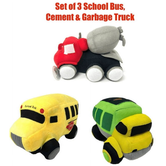 Set of 3 Cozy Bear School Bus, Cement Truck & Garbage Truck Soft Plush Toy 10”