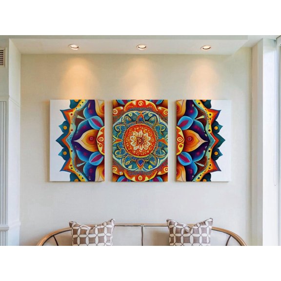 Set of 3 Crisp Boho Wall Art, Colorful Mandala Triptych Prints, Clean White Background Decor, Bright Geometric Gallery Set, Stretched Canvas