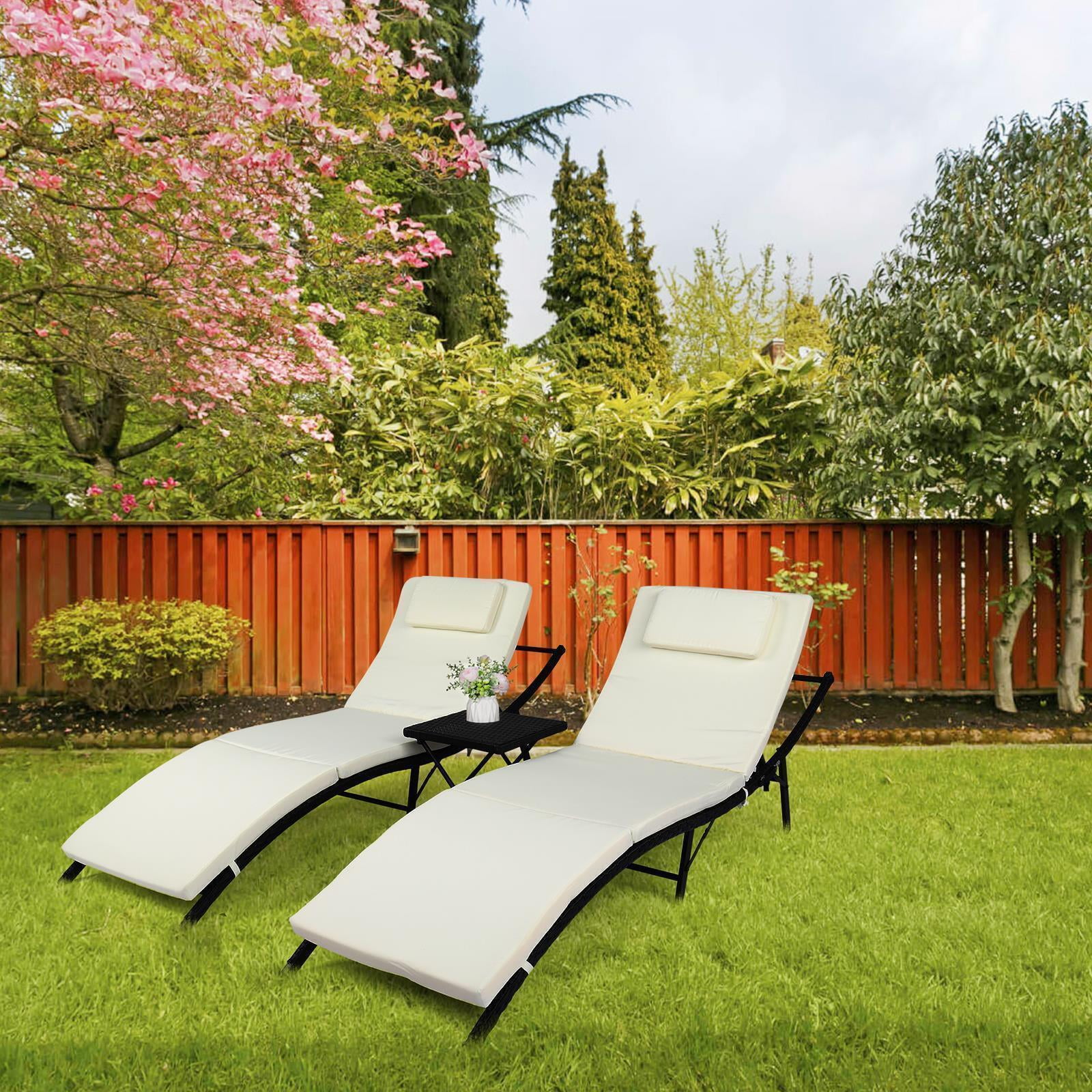 Set of 3 Cushioned Outdoor Wicker Chaise Lounge Chair Adjustable