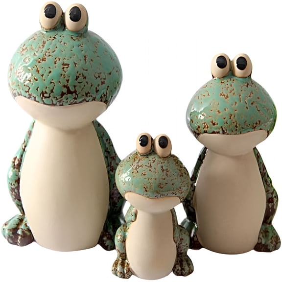 Set of 3 Cute Ceramic Frog Garden Statues, Funny Green Yard