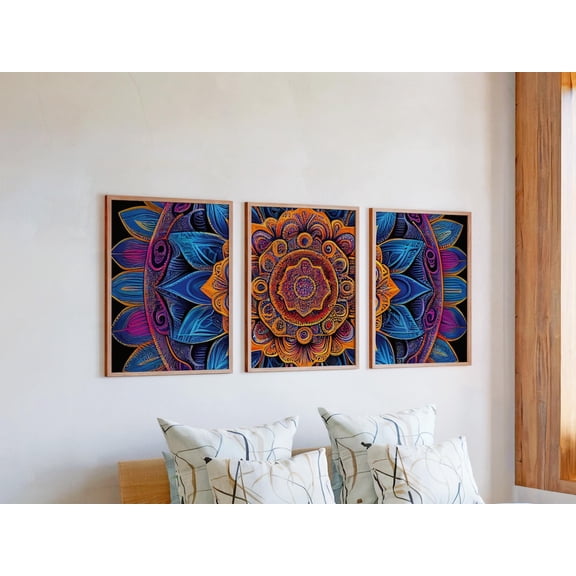 Set of 3 Dark Boho Wall Art, Luminous Mandala Triptych Prints, Moody Floral Decor, Vibrant Geometric Gallery Set for Home, Poster Only