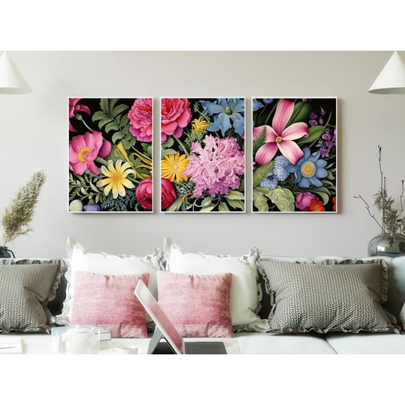 Set of 3 Dark Botanical Wall Art Prints, Vibrant Floral Bouquet Triptych, Vintage Flower Decor, Moody Maximalist Gallery Set Art, Stretched Canvas