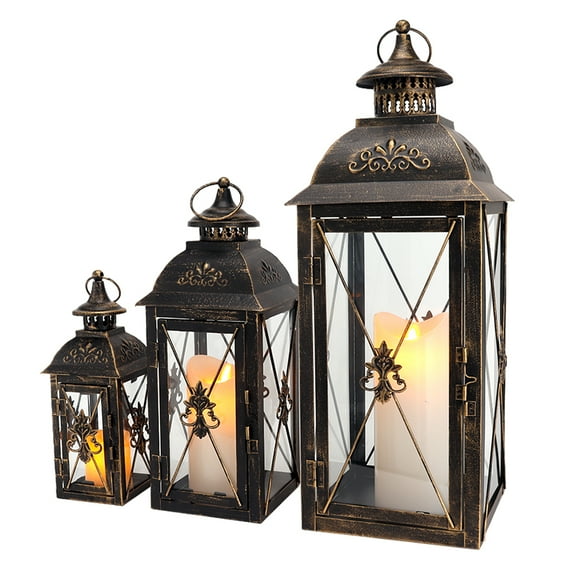 Set of 3 Decorative Candle Lantern 19''&13"&10" H Vintage Metal Candle Holder with Tempered Glass