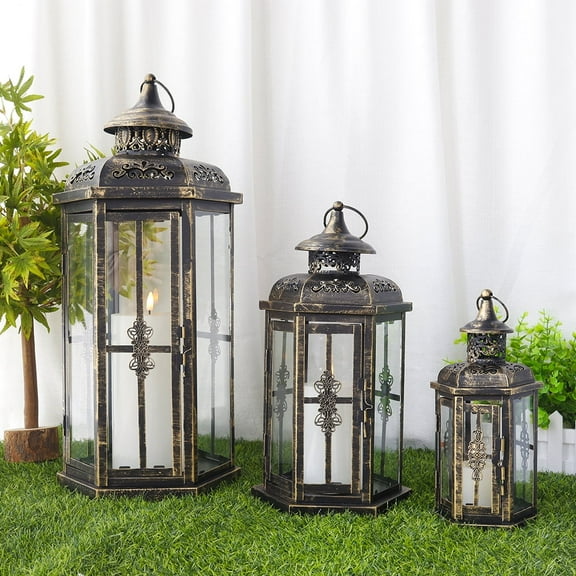 Set of 3 Vintage Metal Candle Lanterns for Outdoor Events and Parties