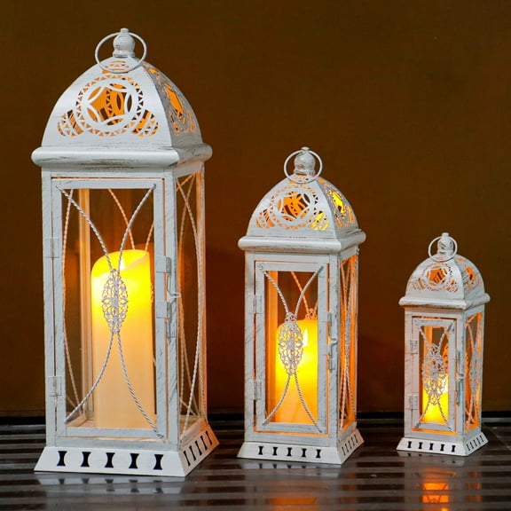 Set of 3 Large Decorative Candle Lanterns 22''&16"&11" H Vintage Candle Holders for Garden Yard Patio Wedding Parties Events Christmas Indoors Outdoors(Beige with Gold Brush)