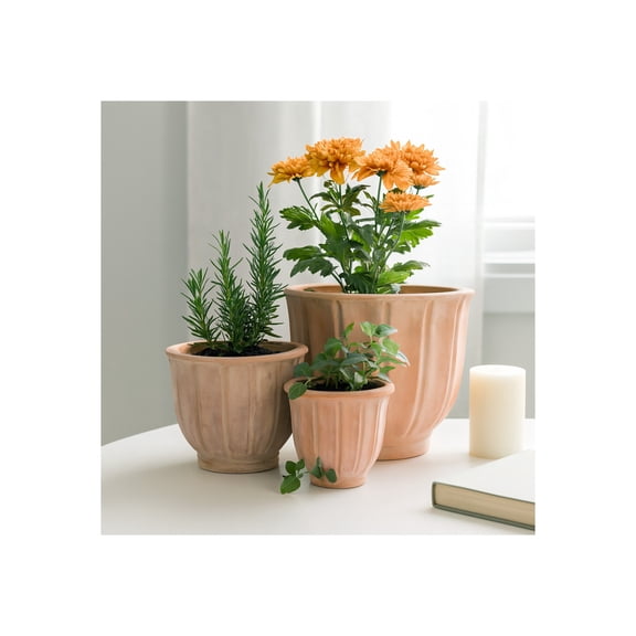 Fluted Terracotta Flower Pots for Home Decor - Petal Shaped Planters and Pots for Plants with Sculpted Rim Detail - Planters for Indoor Plants and Outdoor Use - Set of 3, 13", 10", 8", Red & Orange