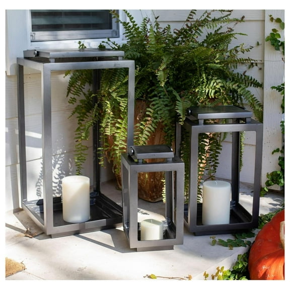 Set of 3 Decorative Lantern Candle Holders - Extra Large - Indoor or Outdoor - Gun Metal - Front Porch Decor