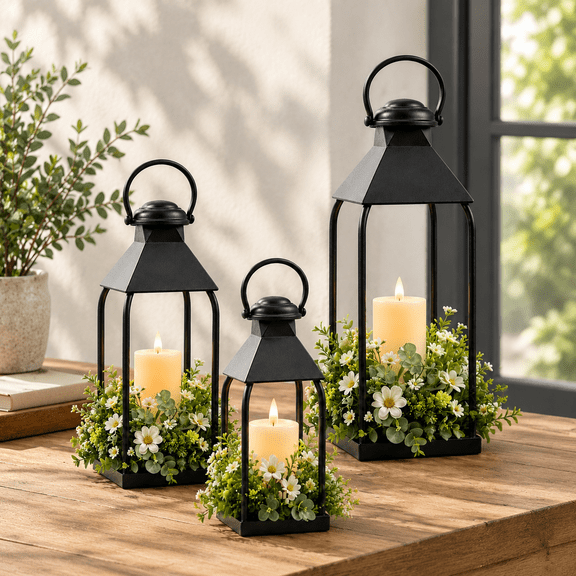 Set of 3 Decorative Metal Lanterns, 3 Sizes, Indoor Outdoor Use