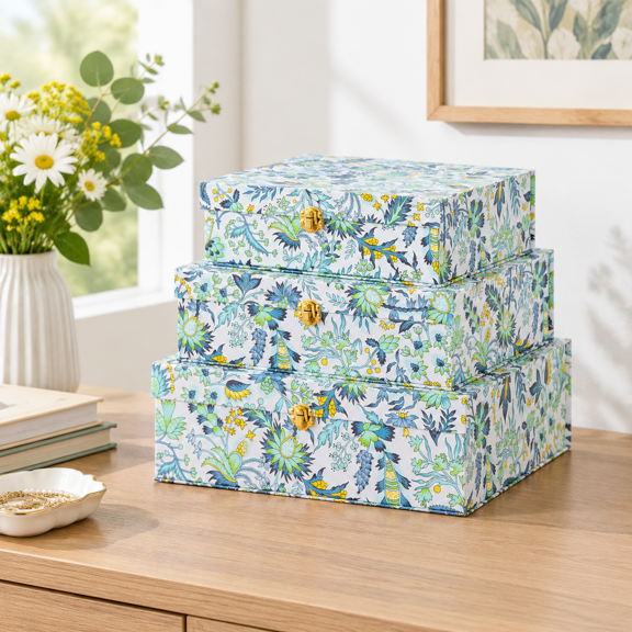 Set of 3 Decorative Storage Boxes with Lids, Midnight Garden, 15.59 x 13.82 x 6.06 Inches