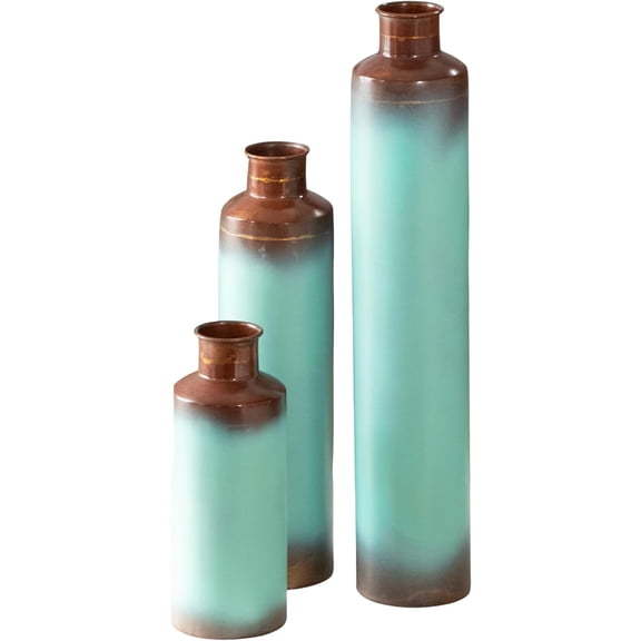 Set of 3 Decorative Turquoise Bronze Vases
