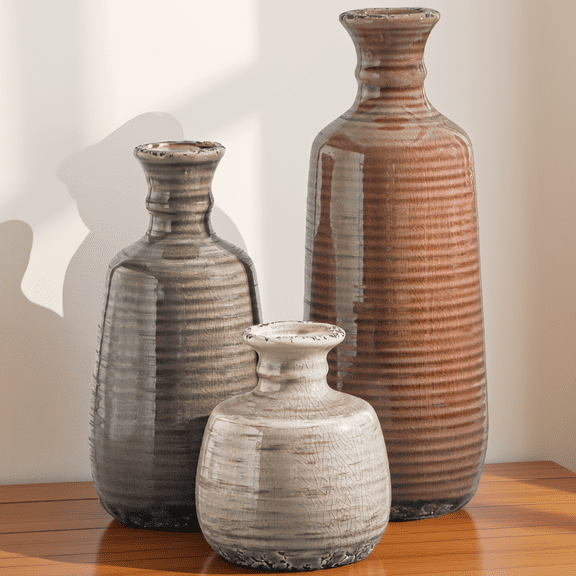 Set of 3 Decorative Vases, Farmhouse Terra Cotta, Home Decor for Tabletop Mantel Shelf, Brown