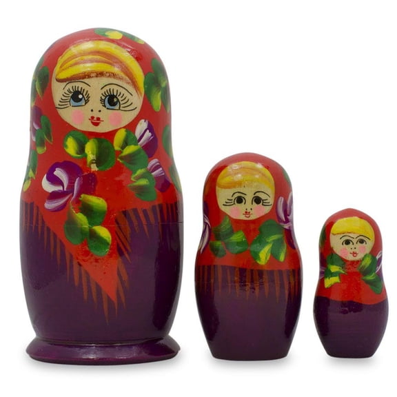 Set of 3 Wooden Floral Nesting Dolls - 3.5" Blue & Red Rose Matryoshka