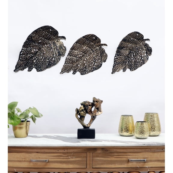 Set of 3 Different Size Black & Gold Angled Hanging Maple Leaves 3D Floating Wall Decorations - Includes 18", 14", and 12" Metal Leaf