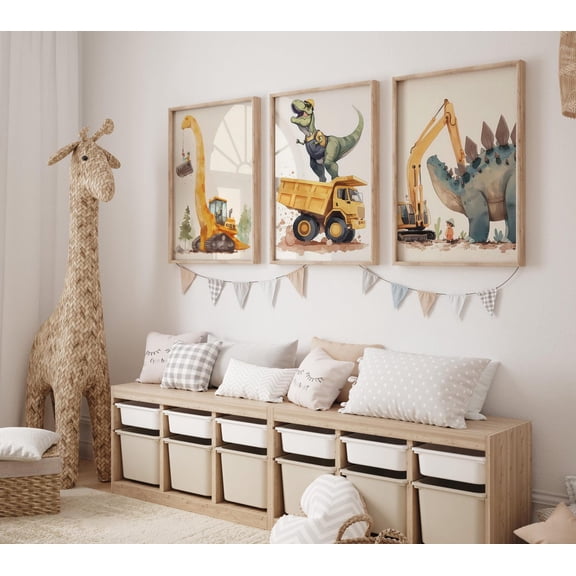 Set of 3 Dinosaur Construction Posters Watercolor Dino Wall Art Nursery Kids Room Decor Triceratops Excavator Print Set Set 3