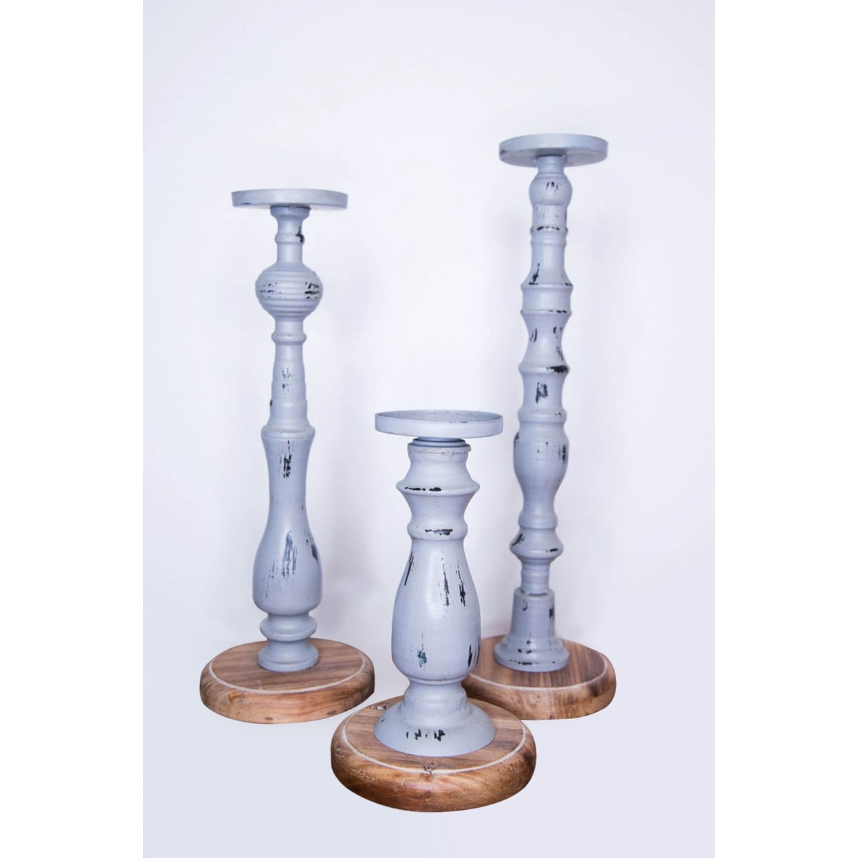 Set of 3 Distressed Metal and Wood Pillar Candle Holder - Gray ...