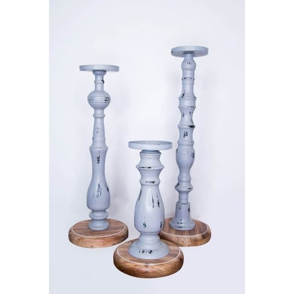 Set of 3 Distressed Metal and Wood Pillar Candle Holder - Gray