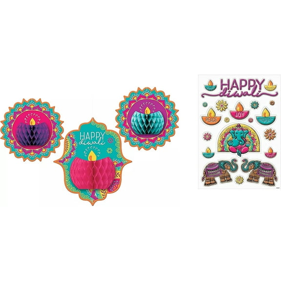Set of 3 Diwali Honeycomb Hanging Decorations + 20 Embossed Diwali Window Decorations