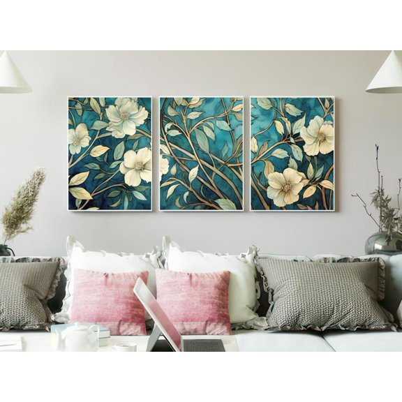Set of 3 Eclectic Modern Wall Art, Bold Floral Tapestry Triptych, Teal & Beige Decor, Unique Botanical Gallery Set for Living Room, Poster Only