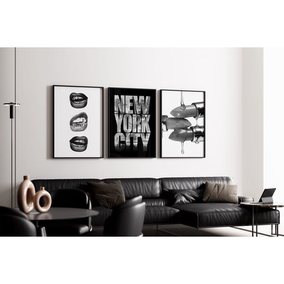 Set of 3 Edgy Fashion Wall Art, Black and White Lips Print, New York City Typography, Lipstick Poster, Urban Decor, Poster Only