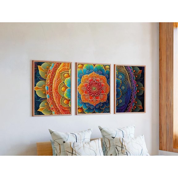 Set of 3 Embossed Look Wall Art, Detailed Mandala Triptych Prints, Ornate Floral Decor, Textured Pattern Gallery Set, Poster Only