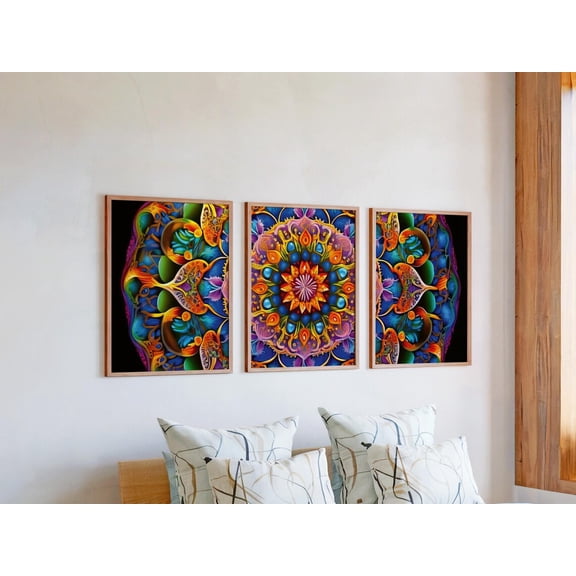 Set of 3 Energetic Flow Wall Art, Fluid Mandala Triptych Prints, Luminous Floral Decor, Vibrant Boho Gallery Set for Home, Stretched Canvas