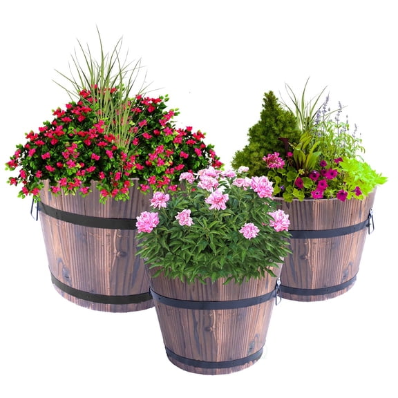Set of 3 Extra Large Wooden Whiskey Barrel Planters
