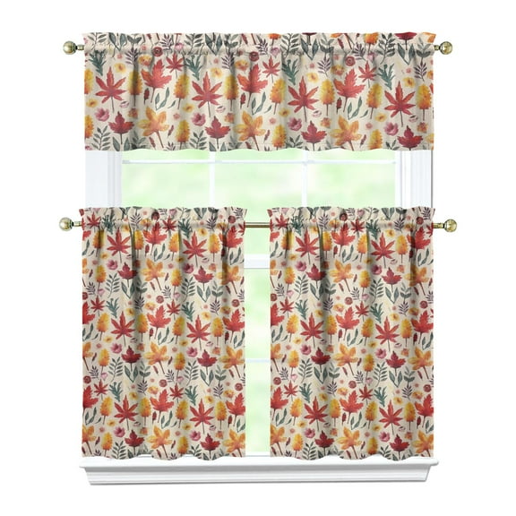 Set of 3 Fall Kitchen Curtains - Rustic Farmhouse Tier Panels 27.5x36in(70x90cm), Thanksgiving Harvest Pattern, Rod Pocket Light Filtering Design