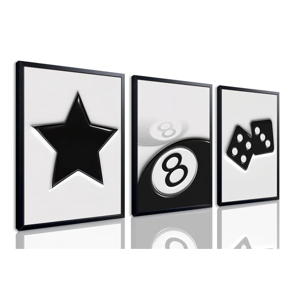 Set of 3 Fashion Lucky 8 Ball Poster Wall Art Black White Dice Prints for Apartment Dorm Bedroom Decor, Poster Only