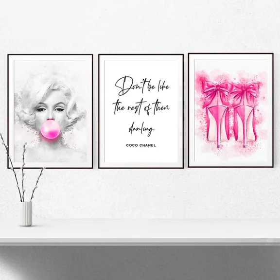 Set of 3 Fashion Prints Watercolour Poster Art Bedroom Dressing Room Makeup Pink, Poster Only