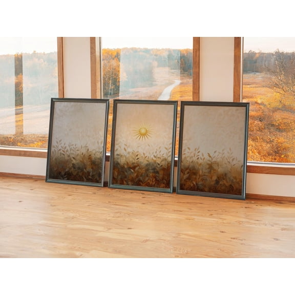 Set of 3 Faux, Textured Sun & Leaf Triptych, Boho Botanical Decor, Warm Earthy Gallery Set for Living Room, Stretched Canvas