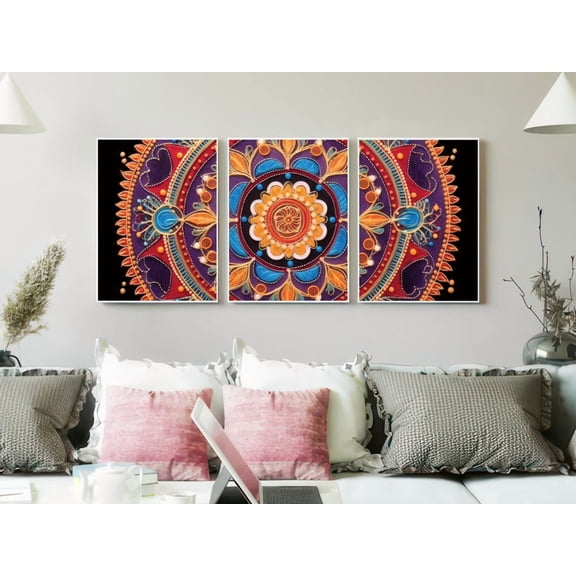Set of 3 Festive Mandala Wall Art, Purple & Orange Floral Triptych, Traditional Rangoli Decor, Spiritual Boho Gallery Set, Poster Only