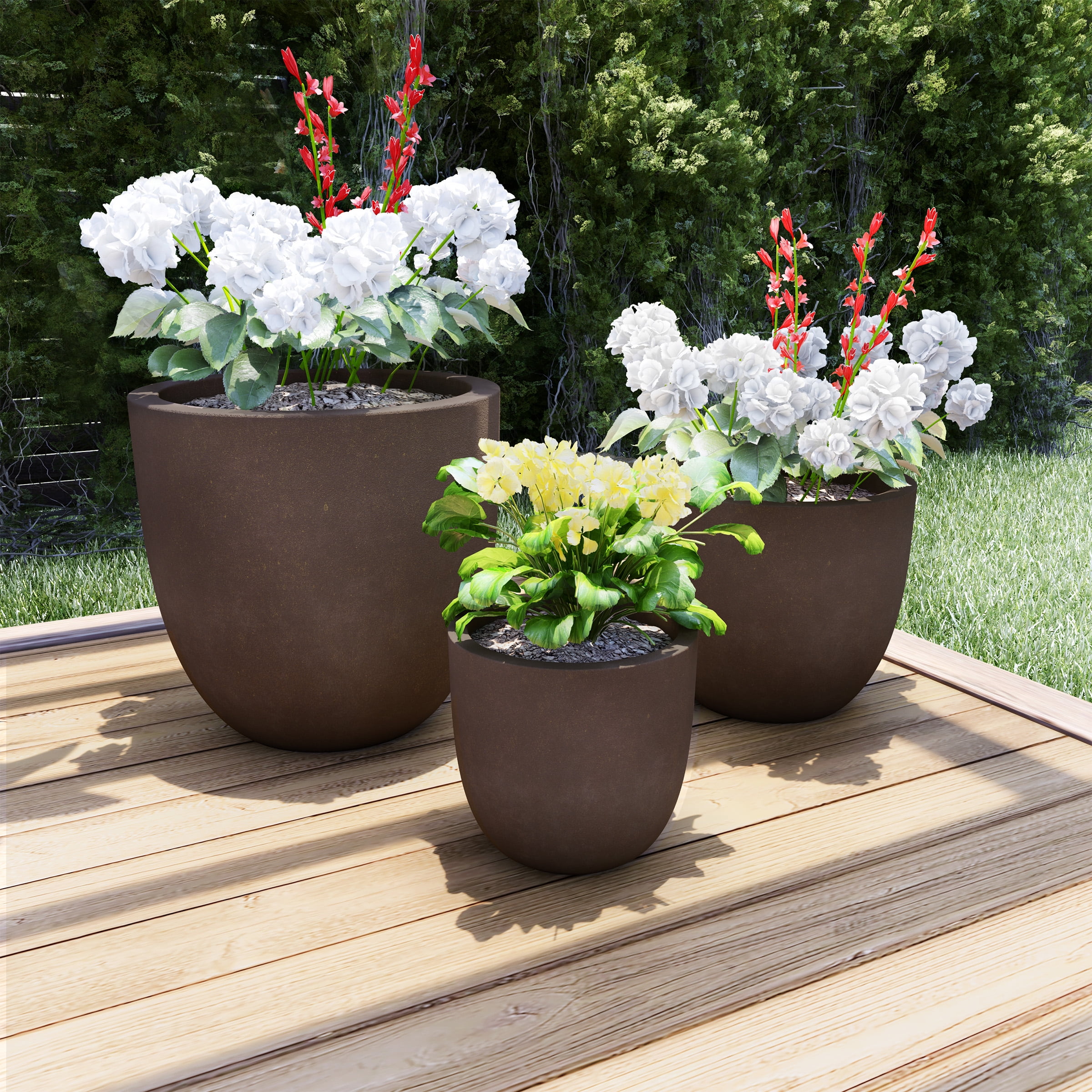 Set of 3 Fiber Clay Planters Antique Brown by Pure Garden