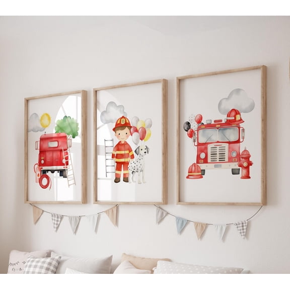 Set of 3 Firefighter Prints, Fireman Wall Art Set, Firetruck Posters, Modern Art, Kids Bedroom Decor, Boy Nursery Decor, Playroom Prints, Poster Only