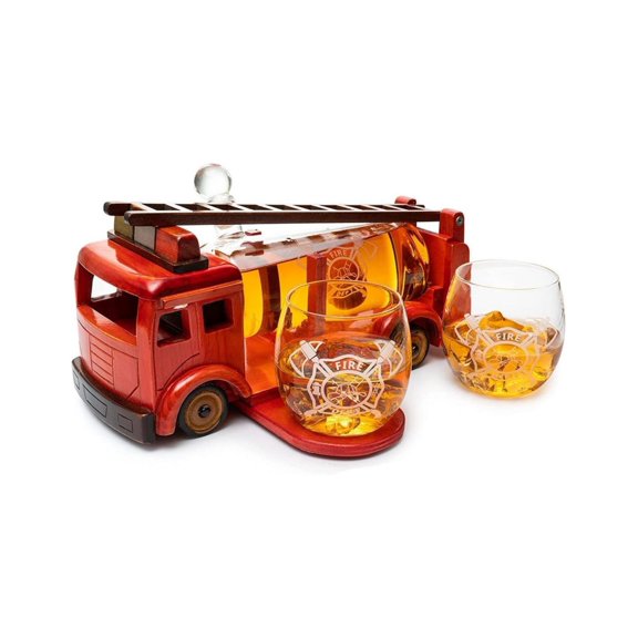 Set of 3 Firetruck Decanters with 2 12 oz Glasses