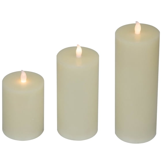 Set of 3 Flameless Ivory Flickering LED Christmas Wax Pillar Candles 8"