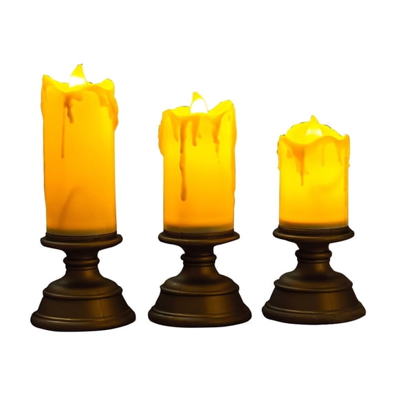 Set of 3 Flameless LED Pillar Candles with Realistic Wax Drip Effect and Classic Pedestal Base for Home Decor