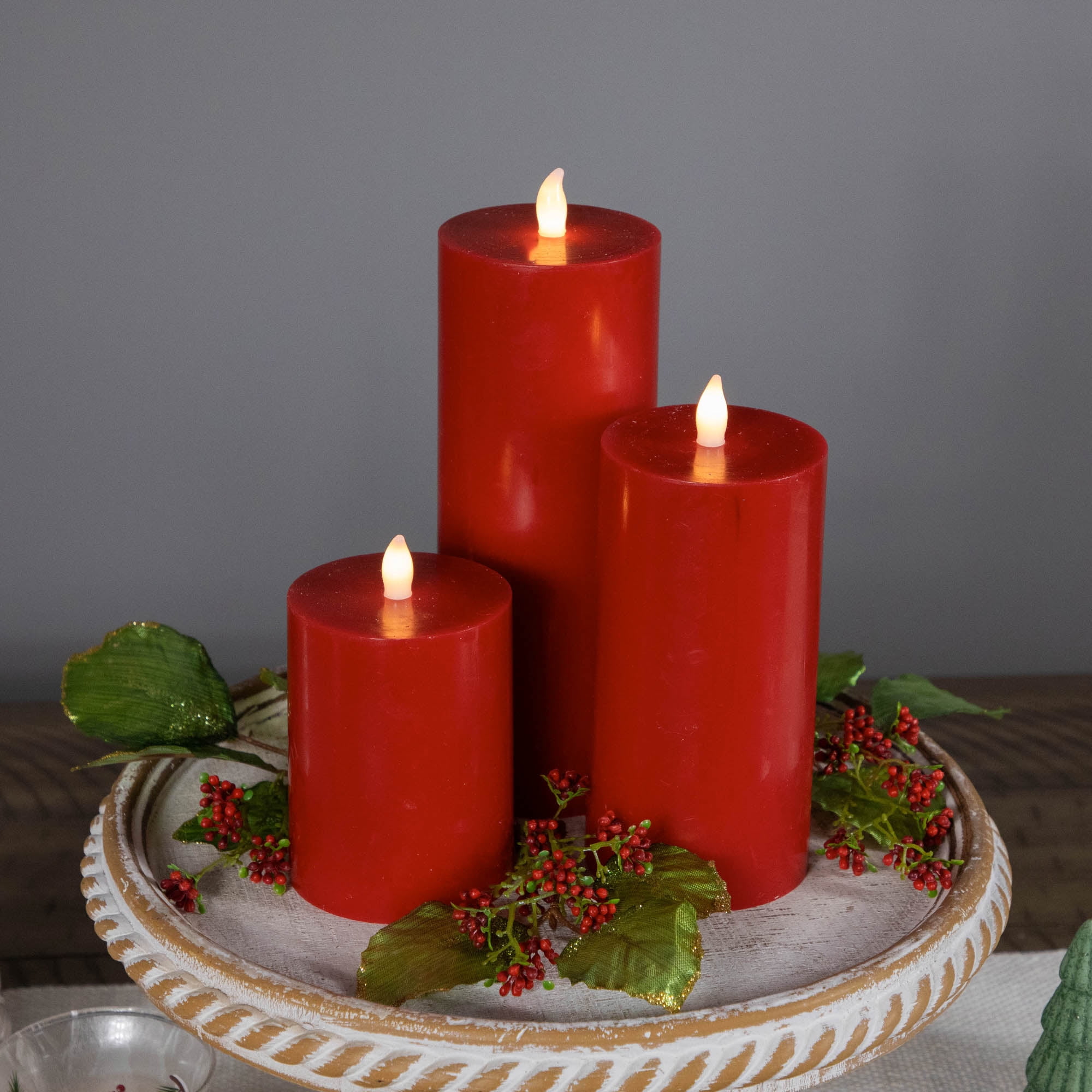 Northlight LED Flameless Flickering Wax Pillar Candles - 8" - Red - Set of 3