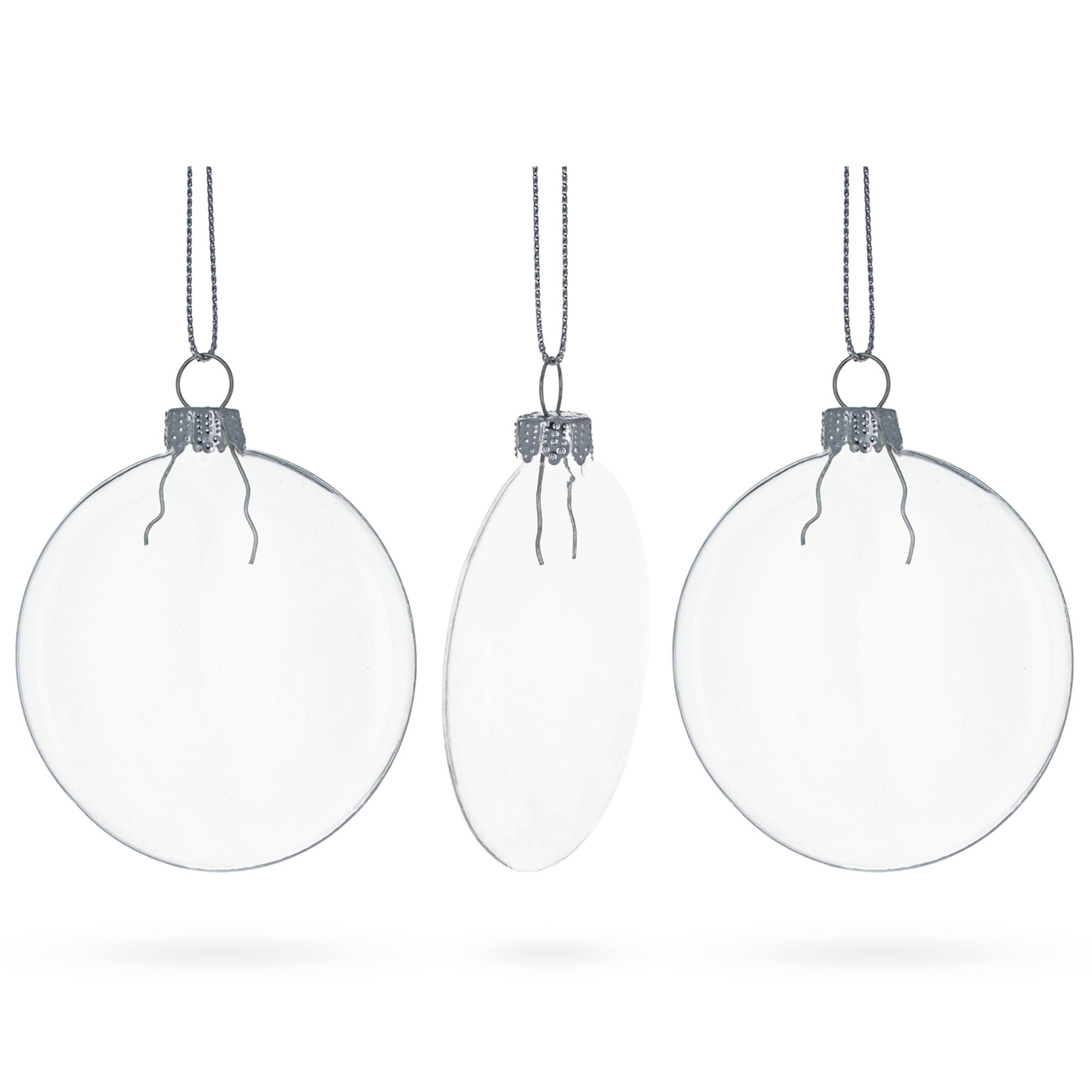Set of 3 Flat Disc Clear Blown Glass Christmas Ornaments 3.7 Inches (94